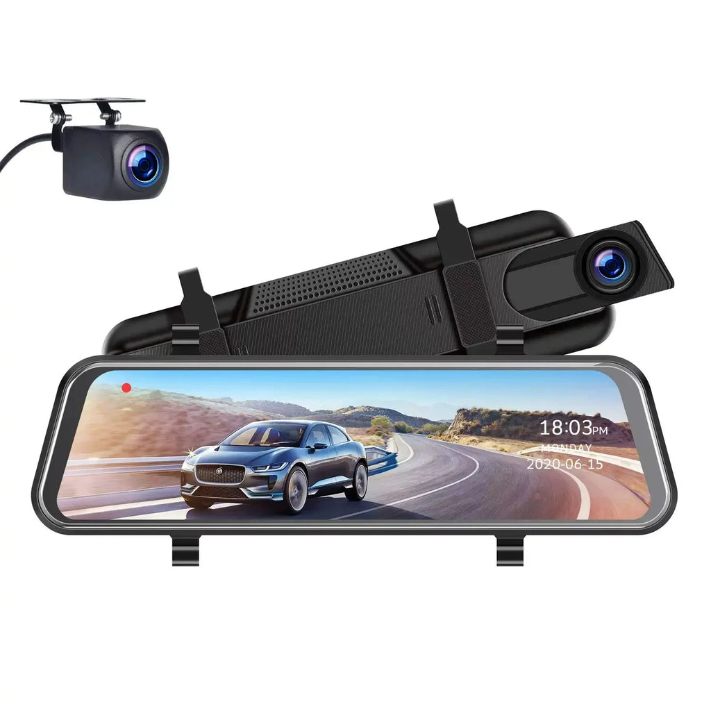Bileeko Car Mirror Dashcam 10 inch IPS Full Touch Screen Dual Lens Rear View Backup Camera, Parking Monitor, Loop Recording