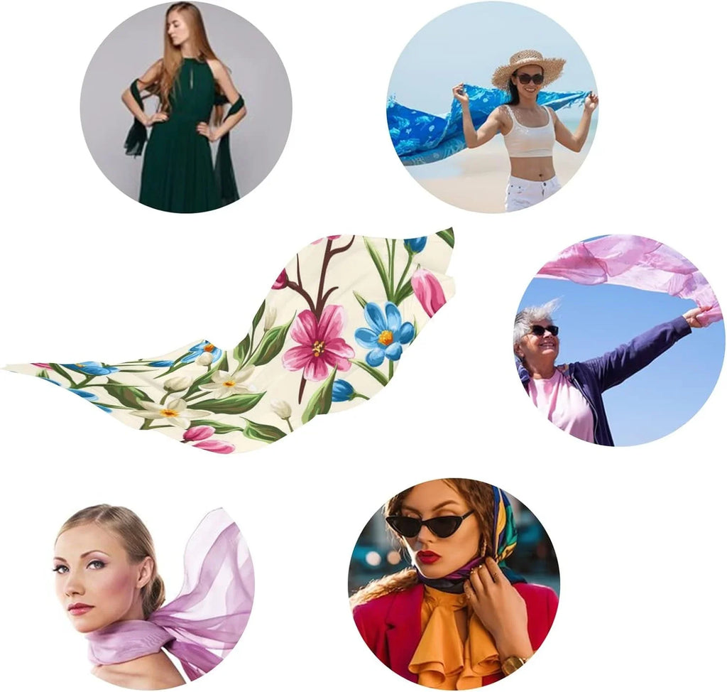 Hyjoy Floral Spring Pink Beige and Blue Flowers Long Silk Neck Scarf Lightweight Shawl Wrap Scarves for People Girls