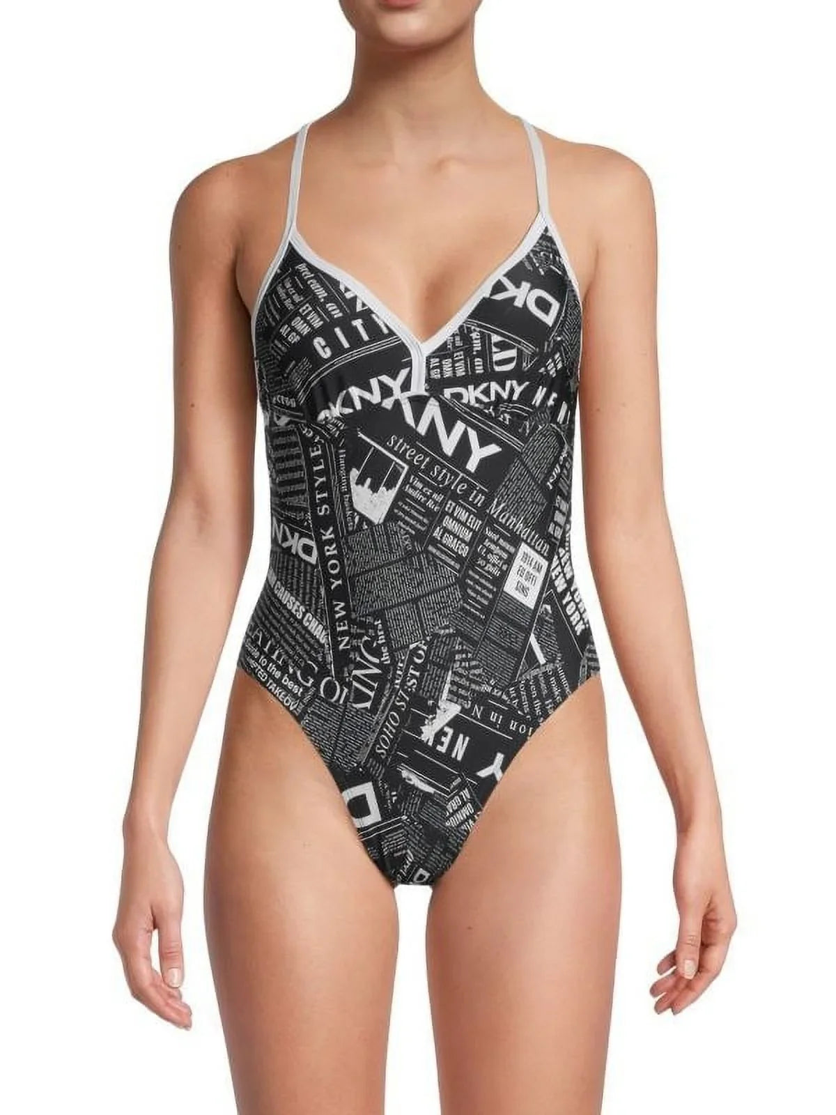 DKNY Ebony WHITE Graphic T-Back One-Piece Swimsuit, US Small