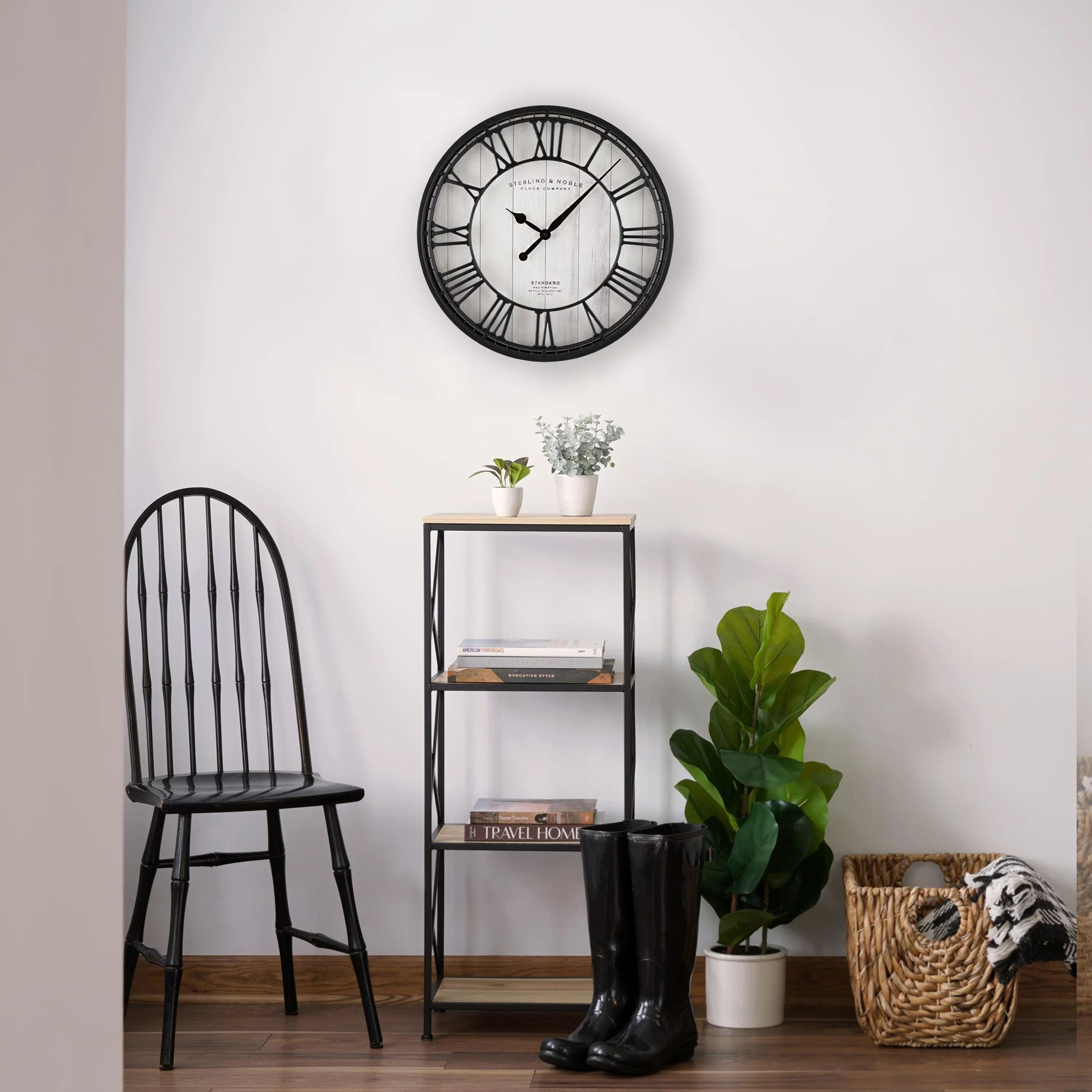 Better Homes & Gardens 20" Ebony and White Analog Round Raised Roman Numerals Grill Wall Clock