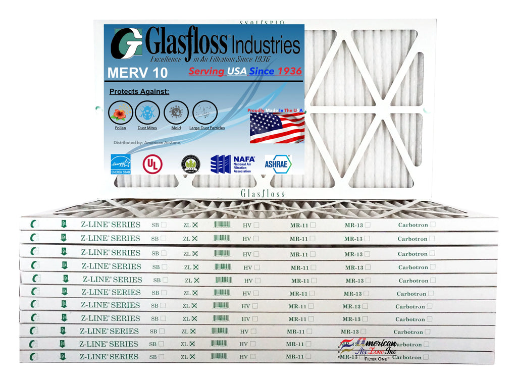 Glasfloss 20x30x1 - MERV 10 -Qty:12 - Furnace Air Filter - Made in USA (Actual Size: 19.5 x 29.5x7/8 inch)
