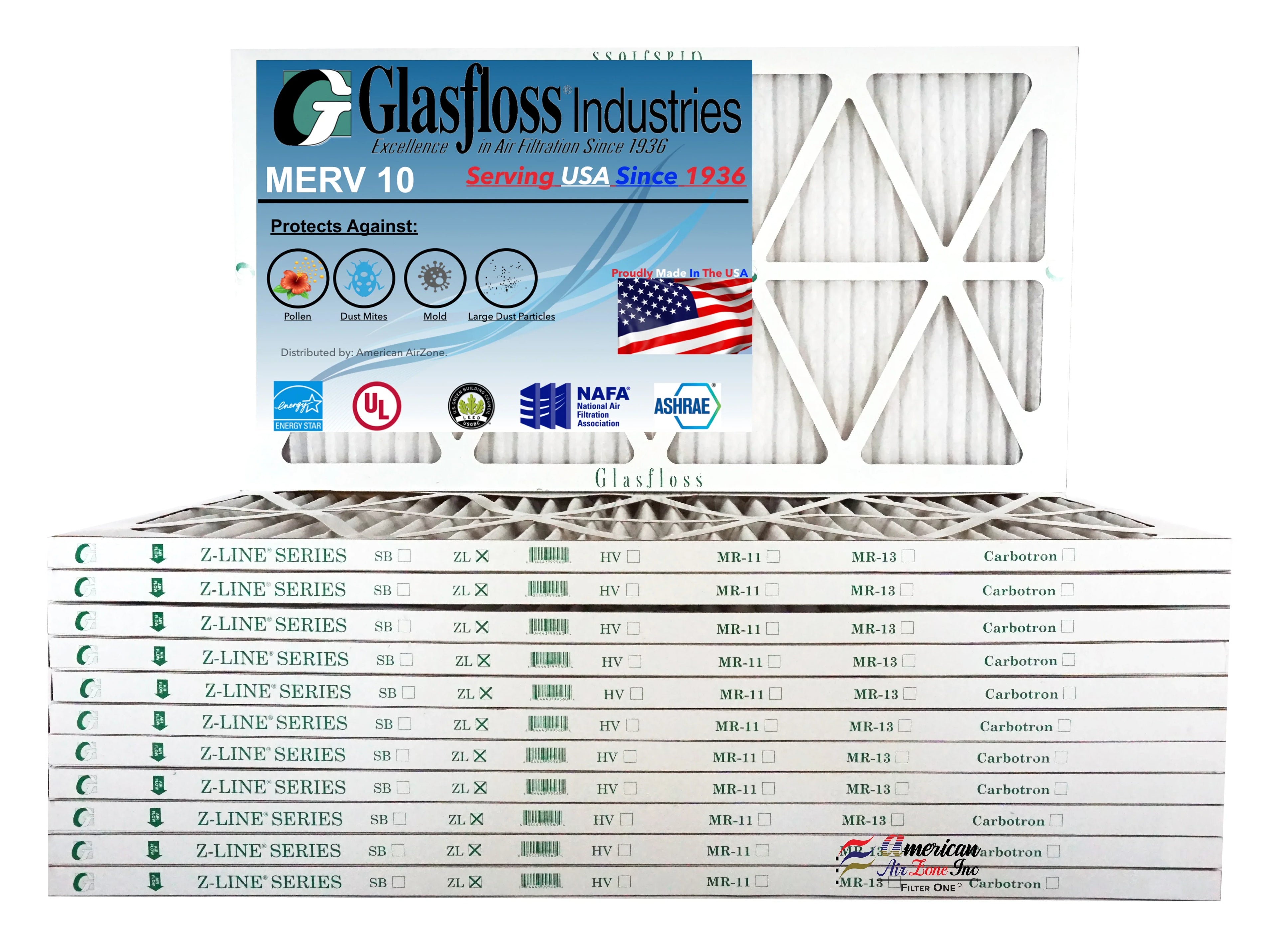 Glasfloss 20x30x1 - MERV 10 -Qty:12 - Furnace Air Filter - Made in USA (Actual Size: 19.5 x 29.5x7/8 inch)