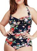 QZUnique Individuals One Piece Bathing Suit Tummy Control Swimwear Halter Ruched Swimsuit Plus Size Vintage Monokini