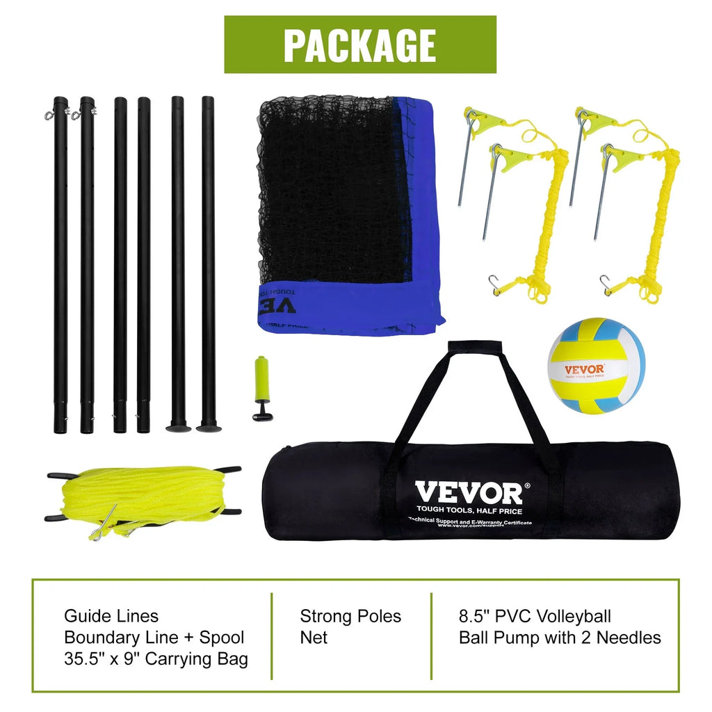 BENTISM 32ft x 3ft Portable Volleyball Net System Adjustable Height Poles with PVC Volleyball, Carrying Bag, Boundary Lines, Steel Poles & Pump for Outdoor Sports