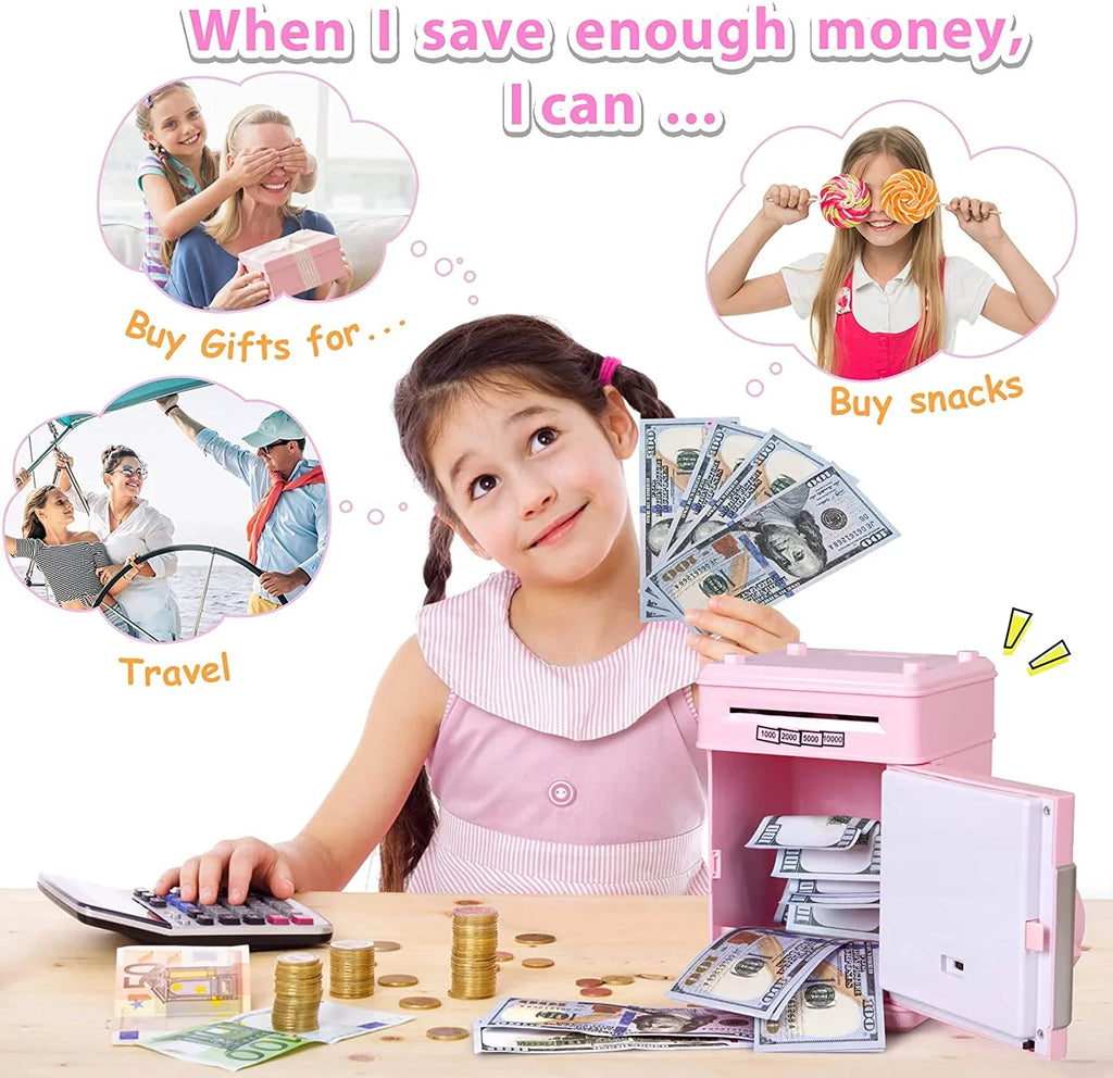 Mini ATM Savings Piggy Bank Toy Real Money Savings Kids Girls Boys Adult Electronic ATM Machine Coin Bank Money Saving Digital Password Cash Safe Box Gifts for Kids (Pink/Silver)