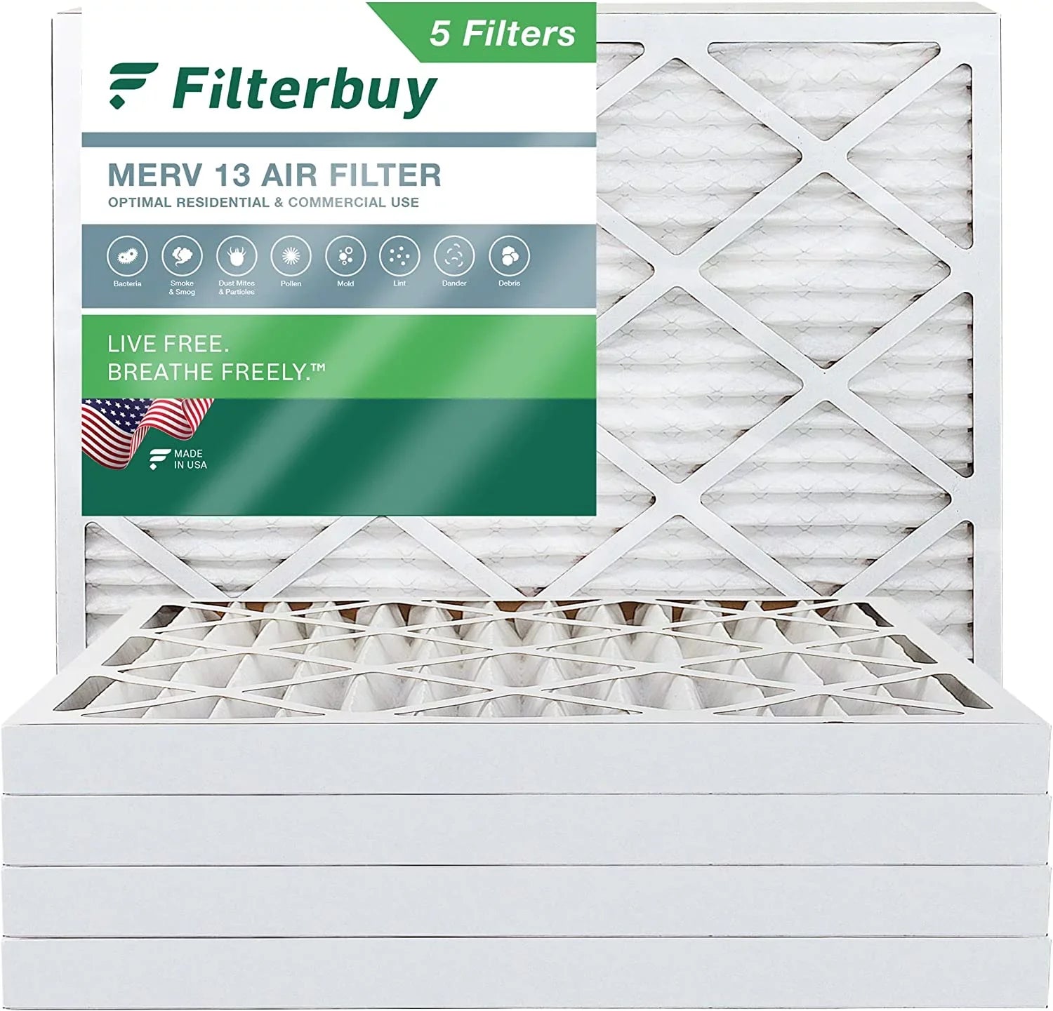 Filterbuy 12x16x2 MERV 13 Pleated HVAC AC Furnace Air Filters (5-Pack)