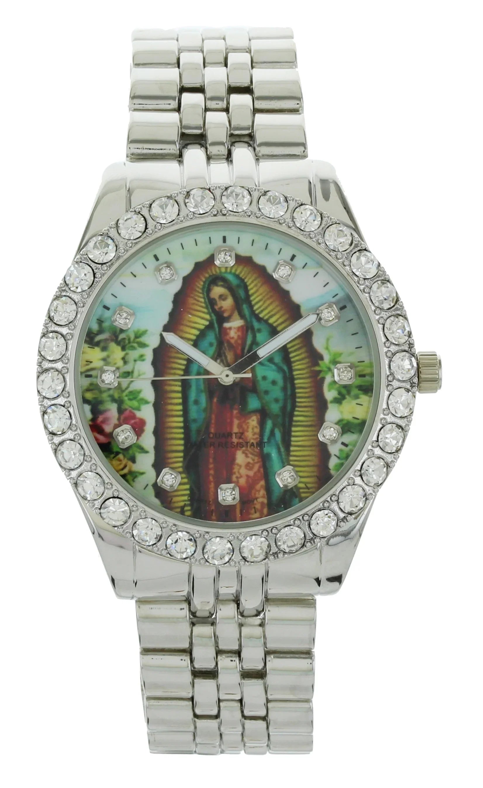 Individuals Our Lady of Guadalupe Silver-Tone Metal Bracelet Watch with Neckless and Cross Termination Set