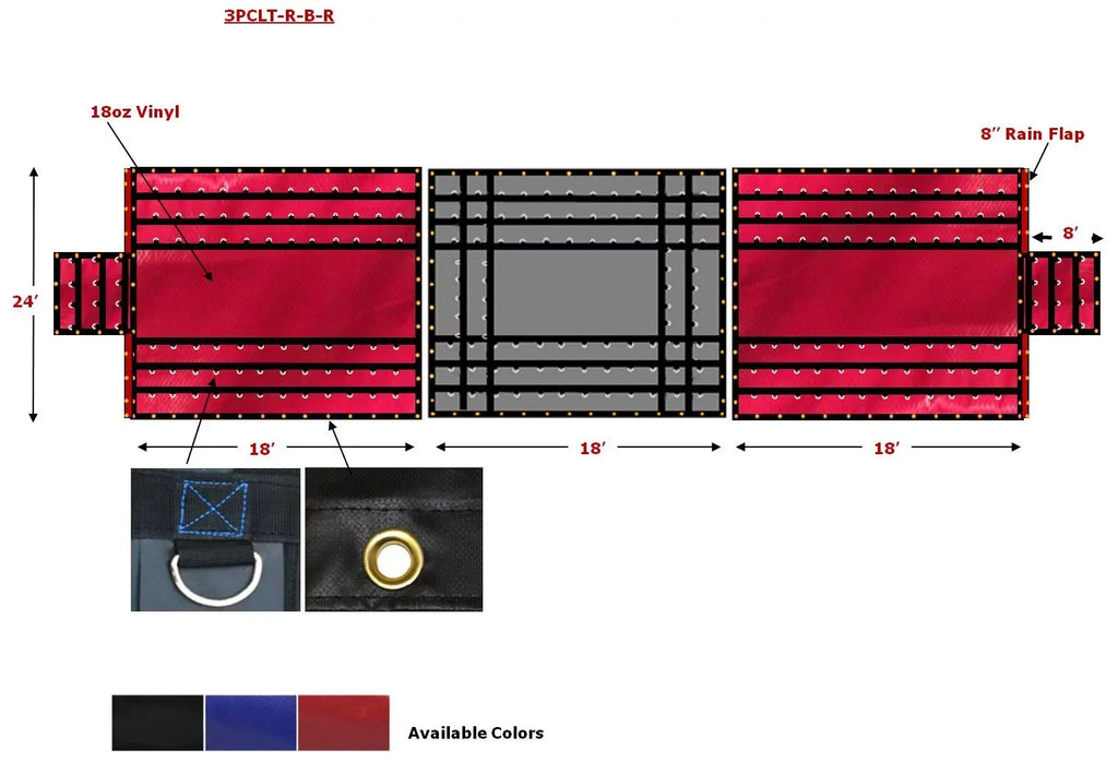 24' x 18' 3 Piece Ebony Lumber Tarp for Heavy Duty Truck Cargo - 18 Oz Vinly Flatbed Tarps with 8' Drop - Waterproof Tarp for Trailers to Protect Cargo from Wind, Rain, Snow and Sun