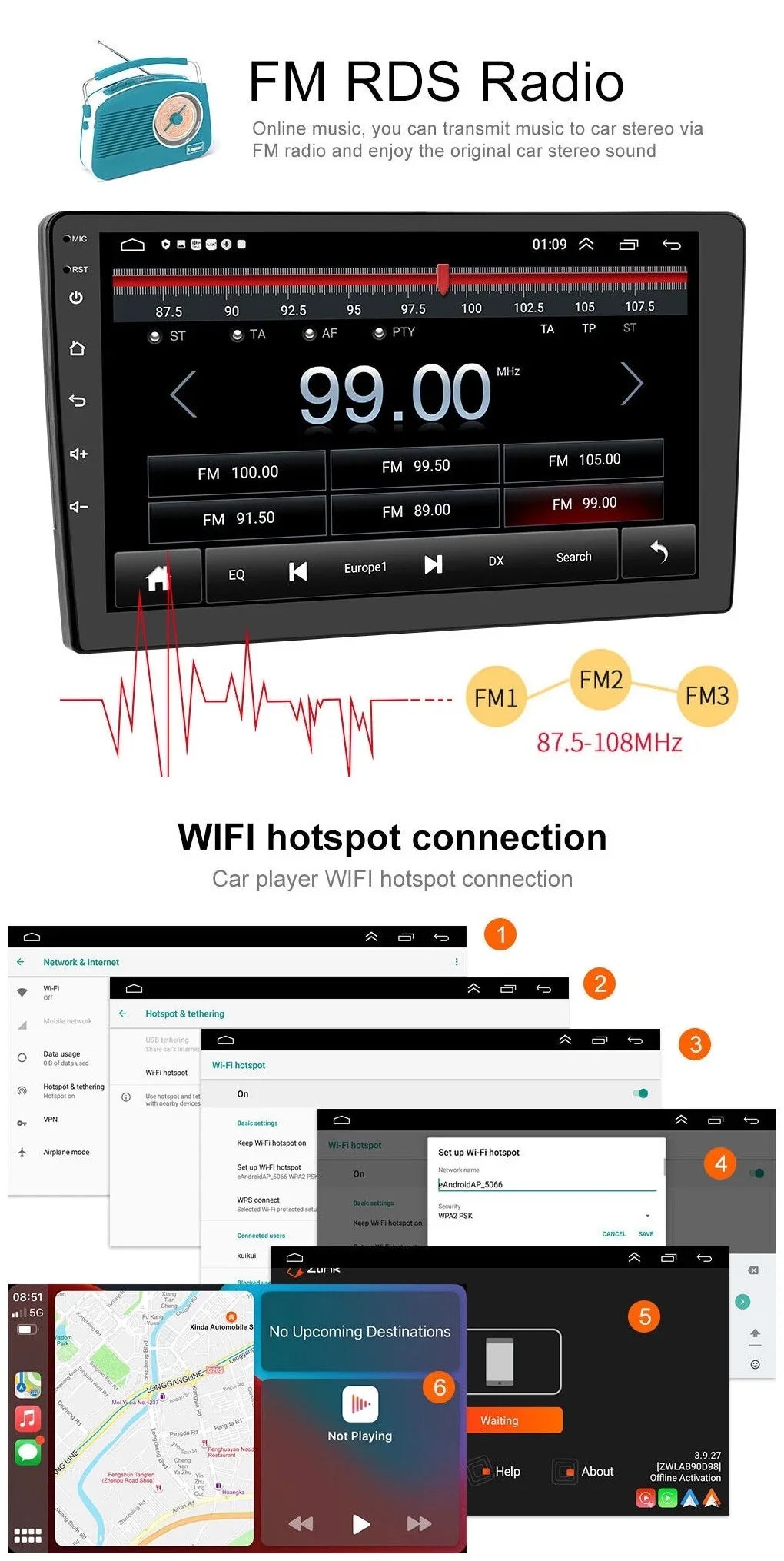 Android 2+32GB Car Stereo Wireless Carplay Android Auto Double Din Radio 9" 1280*720 IPS Screen WiFi GPS Navigation Bluetooth USB FM/RDS Receiver AHD Backup Camera