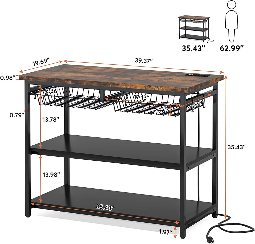 TJUNBOLIFE Kitchen Island with Industrial Island Table with Power Outlets and Wire Baskets 3 Tier Microwave Oven Stand Butcher Block Island with Large Worktop 4 Hooks Rustic Brown