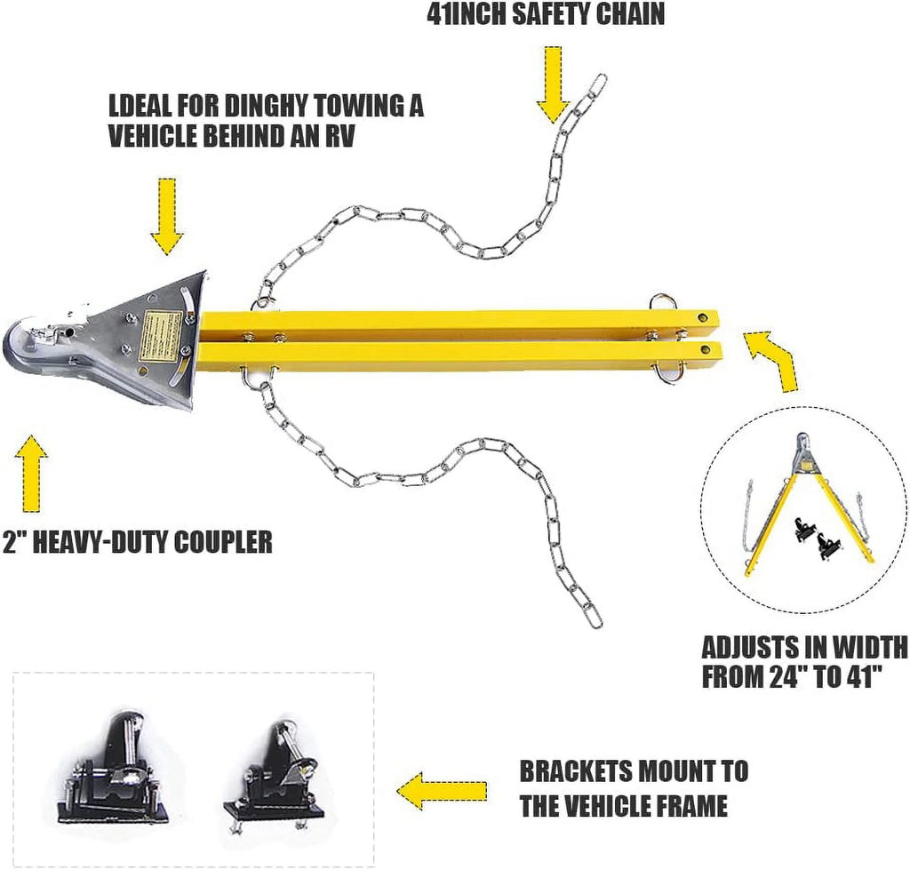 HPDAVV Yellow Adjustable Tow Towing Bar / Adjustable Tow Bar Kit Bumper Mount 5000lb w/Chains RV Car Truck Compatible with Jeep System