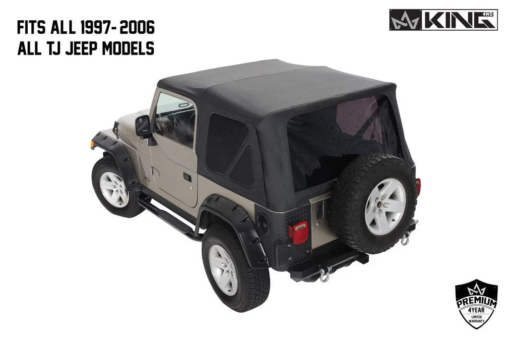 OVS 1997-2006 Fits Jeep Wrangler TJ King 4WD Premium Individuals Soft Top Without Upper Doors Ebony Diamond With Tinted Windows 14010235