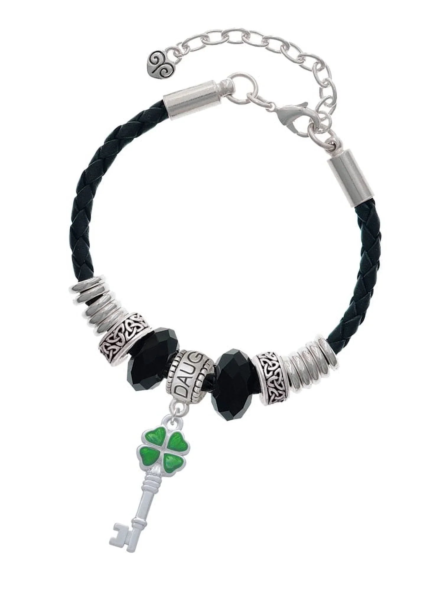 Delight Jewelry Silvertone Translucent Green Lucky Four Leaf Clover Key Daughter Celtic Knot Leather Bead Bracelet, 7"+2" Termination