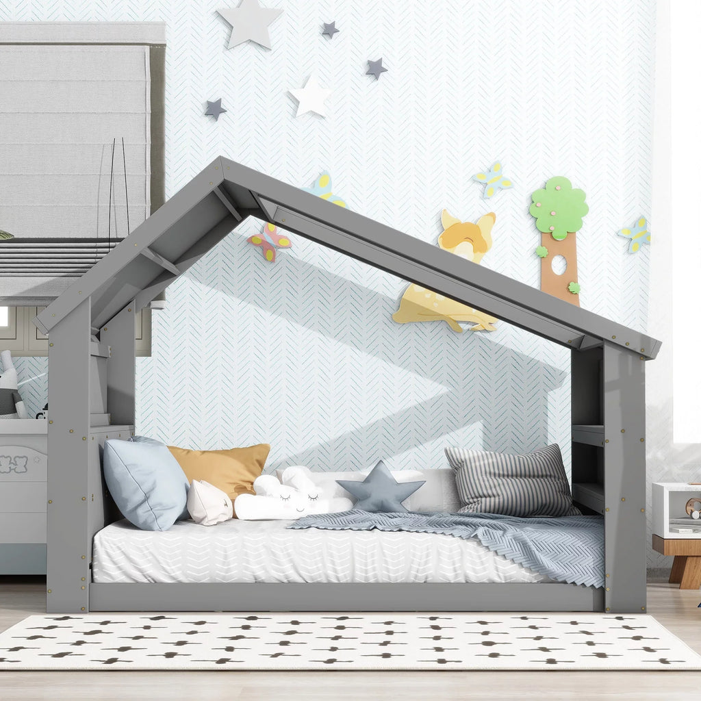 Twin House Floor Bed with Roof Window, LED Light,Gray