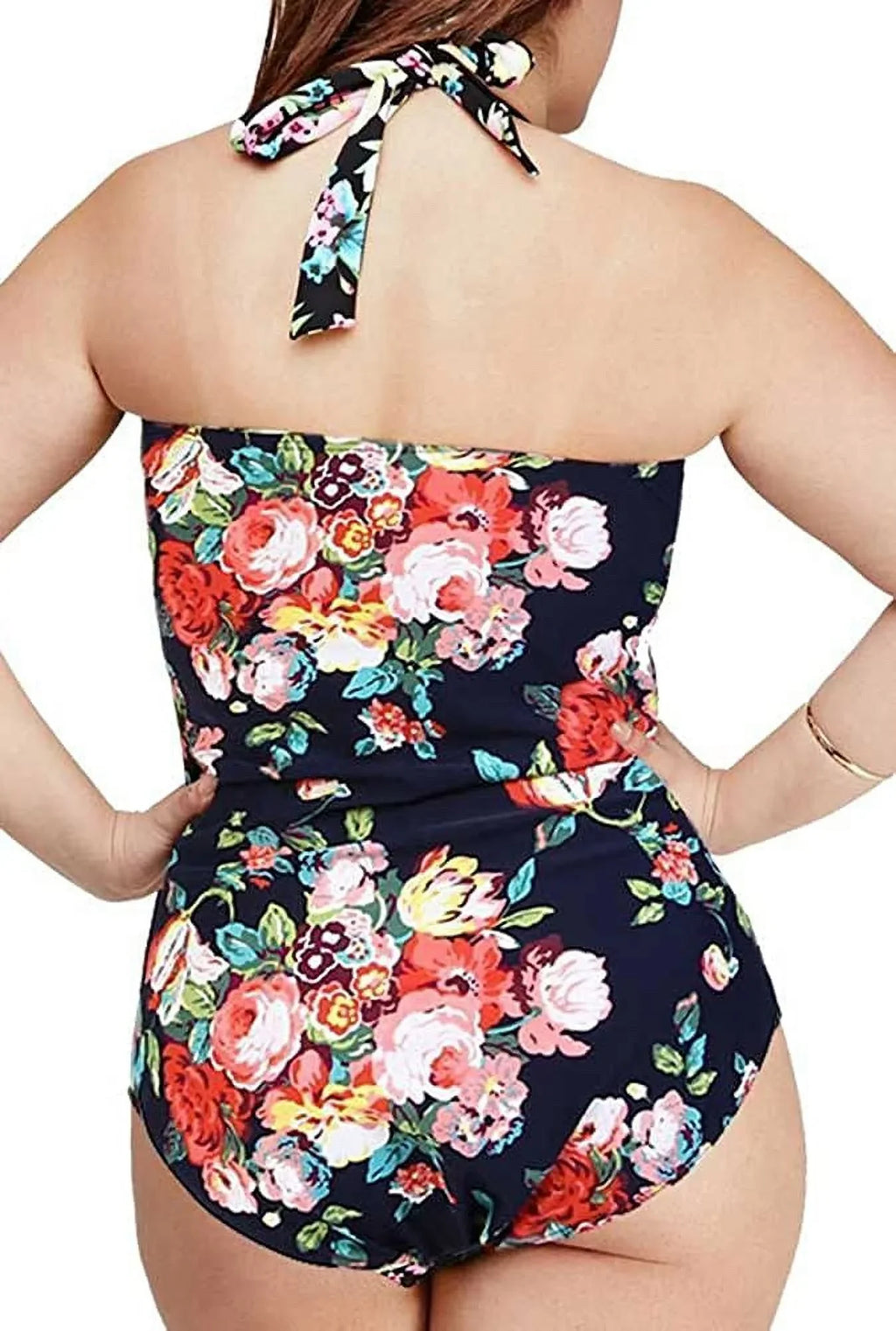 QZUnique Individuals One Piece Bathing Suit Tummy Control Swimwear Halter Ruched Swimsuit Plus Size Vintage Monokini
