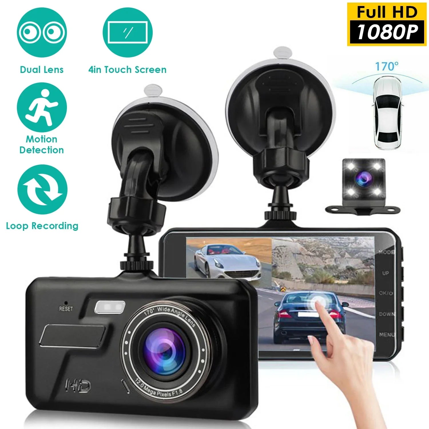 Front and Rear 1080P Dashcams for Cars iMounTEK Dual Dash Cam with 4in Touch IPS Screen Car Camera Driving Recorder for Taxi