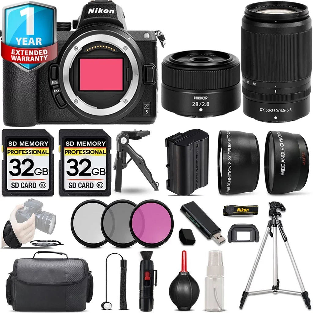 Nikon Z5 Mirrorless Camera with 50-250mm f/4.5-6.3 VR Lens + 28mm f/2.8 Lens + Handbag + 3 PC Filter Set + 64GB
