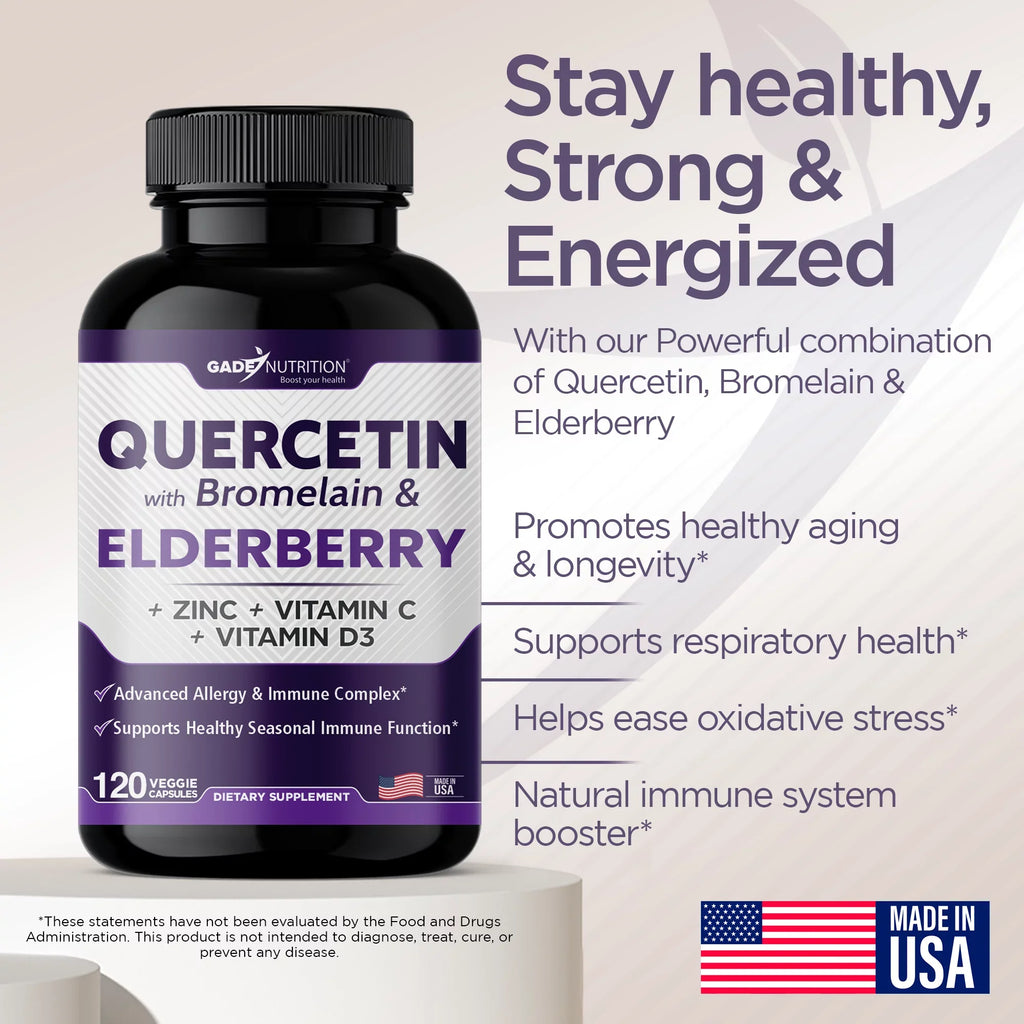 Quercetin with Vitamin C and Zinc - Elderberry - Quercetin 500mg - Quercetin with Bromelain - Zinc Quercetin - Vitamin D3 - 6 in 1 Daily Immune Support, Non-GMO, Gluten-Free - USA - 4 Months Supply