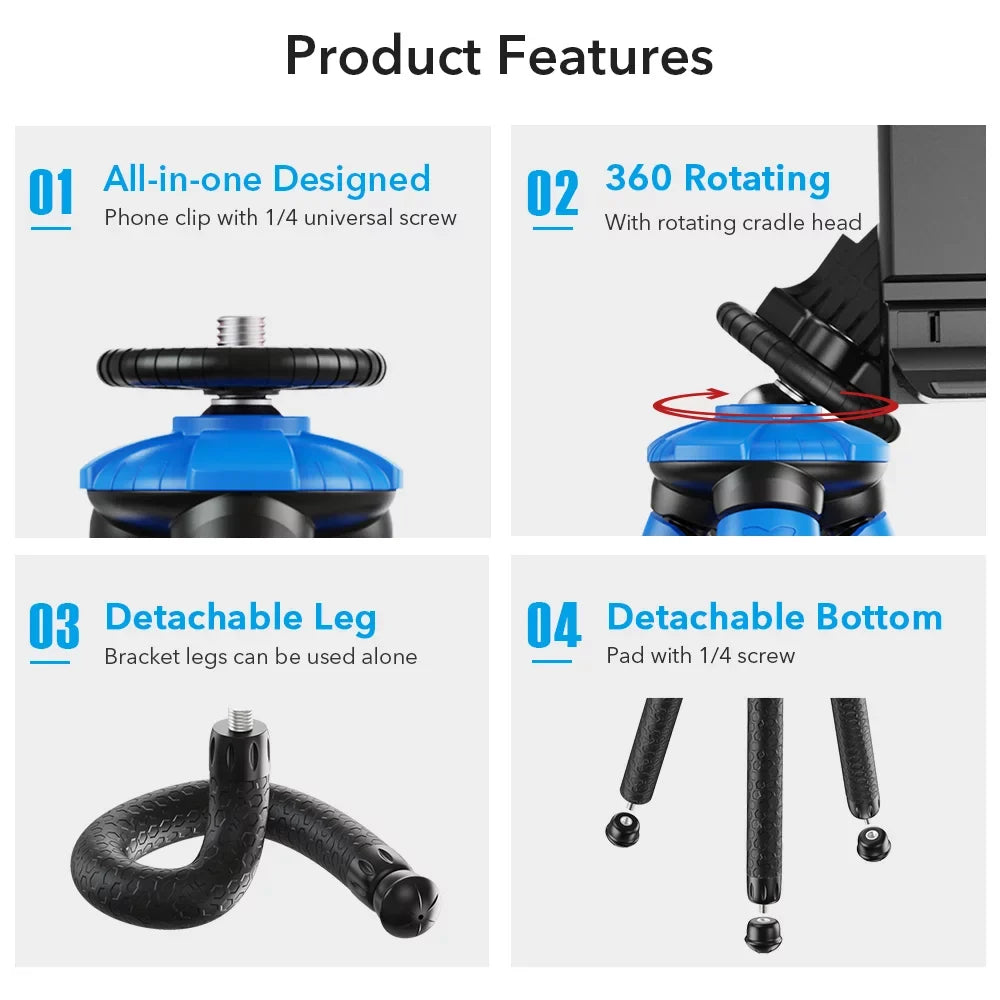 APEXEL APL-JJ07 Detachable Flexible Octopus Tripod Portable Travel Mobile Phone Tripod with Foldable Phone Clip Compatible with DSLR Max Load 3kg