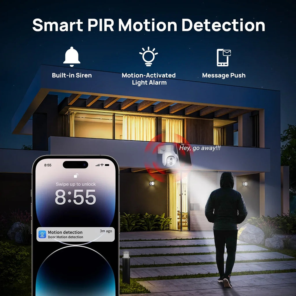 VIKVIZ 4MP Battery WiFi PTZ IP Camera Wireless 2K with Solar Panel Smart Hybrid Light Outdoor