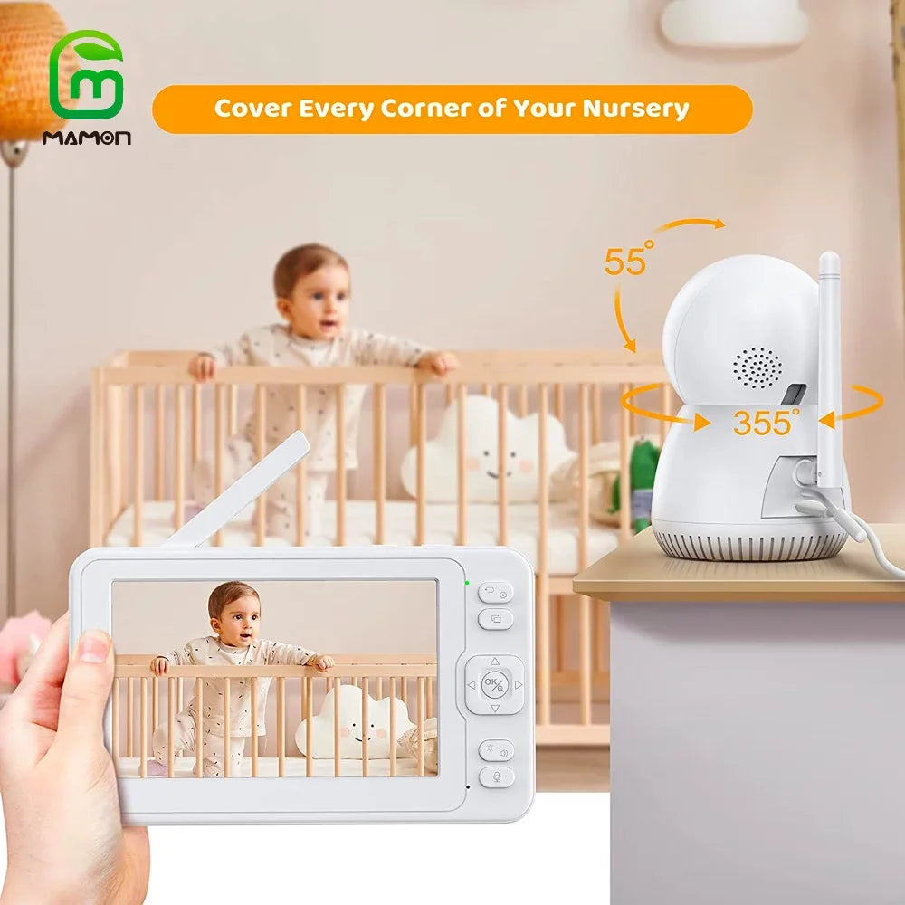 MAMON Video Baby Monitor with Camera and Audio 1080P 5" HD Display Two Way Talk PTZ Remote Large Battery Capacity