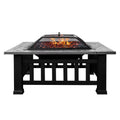 Kmowoo Multifunctional Fire Pit Table 32in 3 in 1 Metal Square Patio Firepit Table BBQ Garden Stove with Spark Screen, Cover, Log Grate and Poker