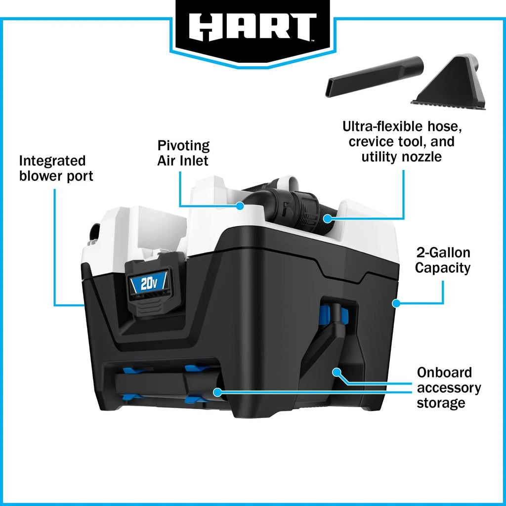 HART 20-Volt Cordless 2-Gallon Wet/Dry Vacuum Kit (1) 20-Volt 4.0Ah Lithium- Ion Battery