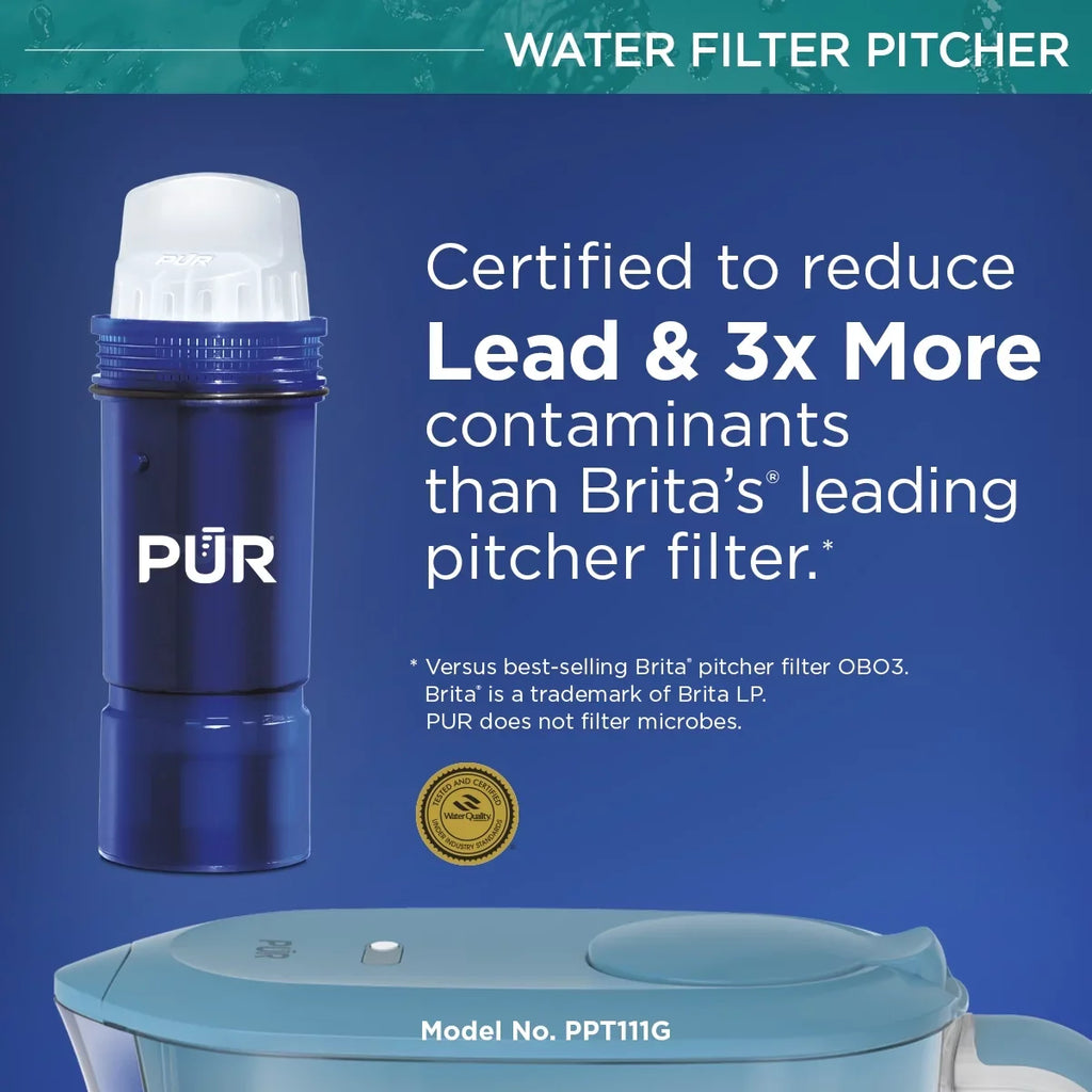 PUR PLUS 11-Cup Water Pitcher Filtration System, W 11.4" x H 10.4" x L 4.9", Aqua, PPT111G