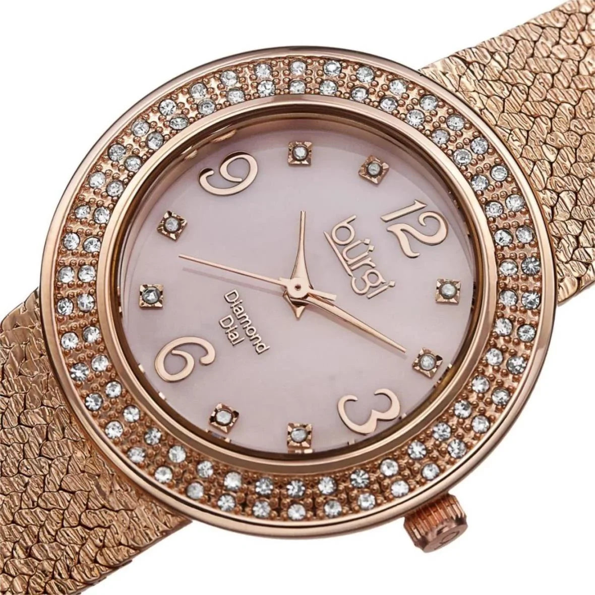 Individuals BUR097RG Crystal Accented Rose Gold Swiss Crystal Watch with Pink Mother of Pearl Interface and Rose Gold Bracelet