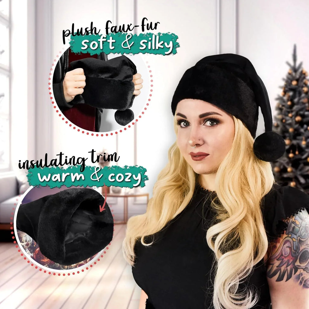 All Ebony Santa Hat - Faux Fur Midnight Trim - Gothic Xmas Accessory, Goth Christmas Hat - Adult, 1 Size