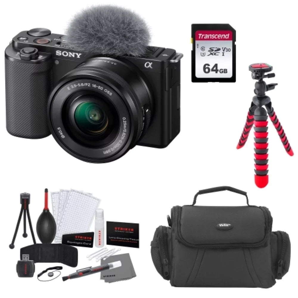 Sony ZV-E10 Mirrorless Camera |16-50mm Lens Midnight Bundle with Edge 64GB Memory Card + Flexible Tripod + Camera Bag + Cleaning Kit (5 Items)