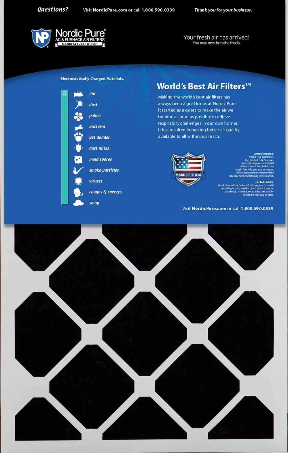 16x25x5 (4 3/8) Honeywell Gentlemen Air Filters MERV 14 Plus Carbon 1 Pack