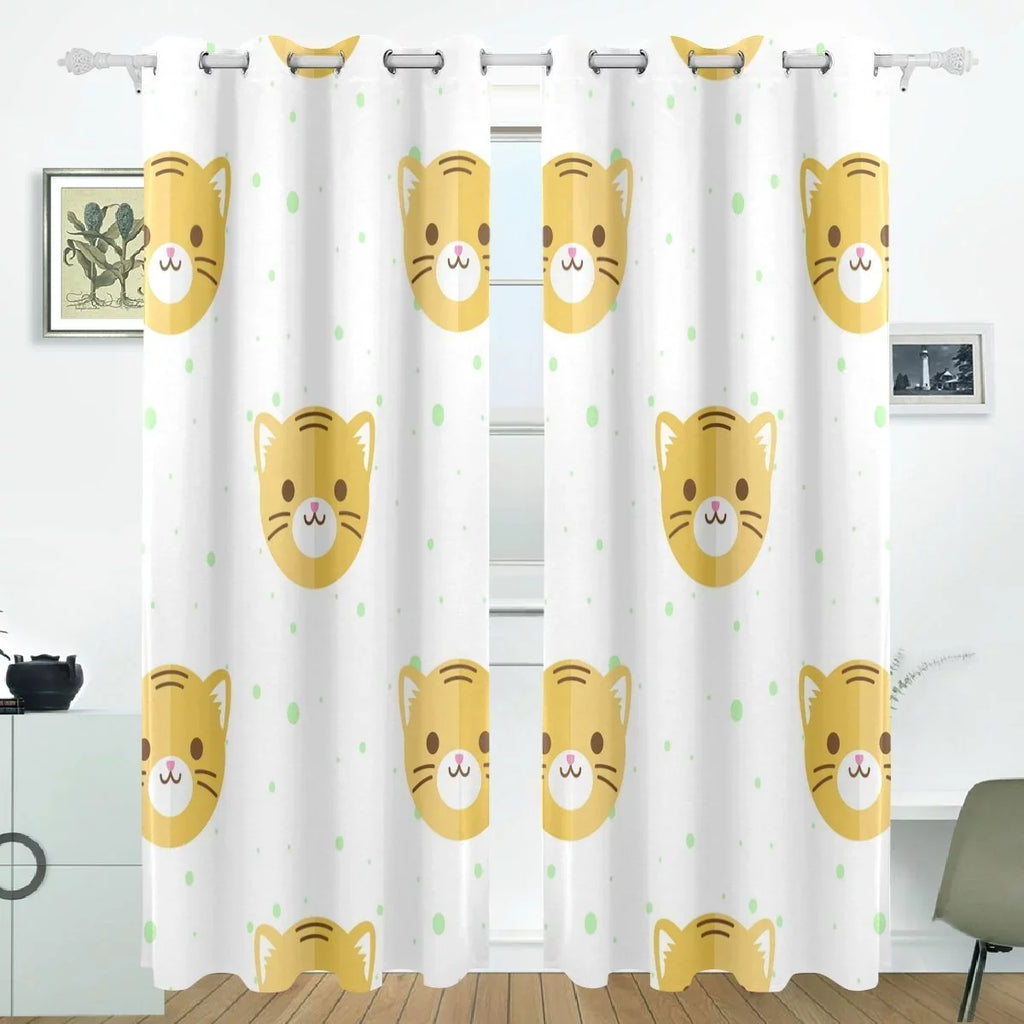 POPCreation Flat Cartoon Tiger Heads Pattern Window Curtain Ebony Curtains Darkening Thermal Blind Curtain for Bedroom Living Room,2 Panel (52Wx84L Inches)