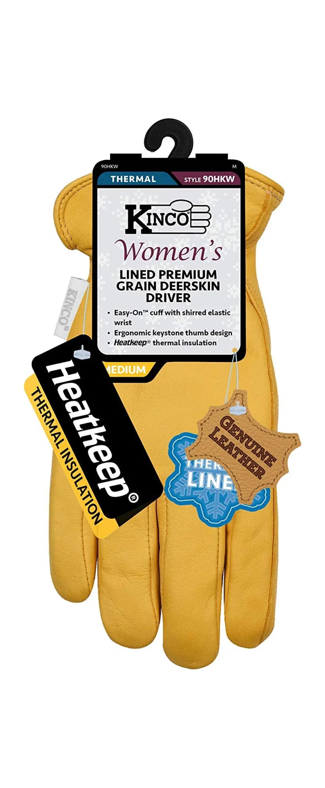 Kinco 90HKW-S Gentlemen Lined Grain Deerskin Gloves, Heat Keep Lining, Double Shirred Elastic Back, Small, Golden