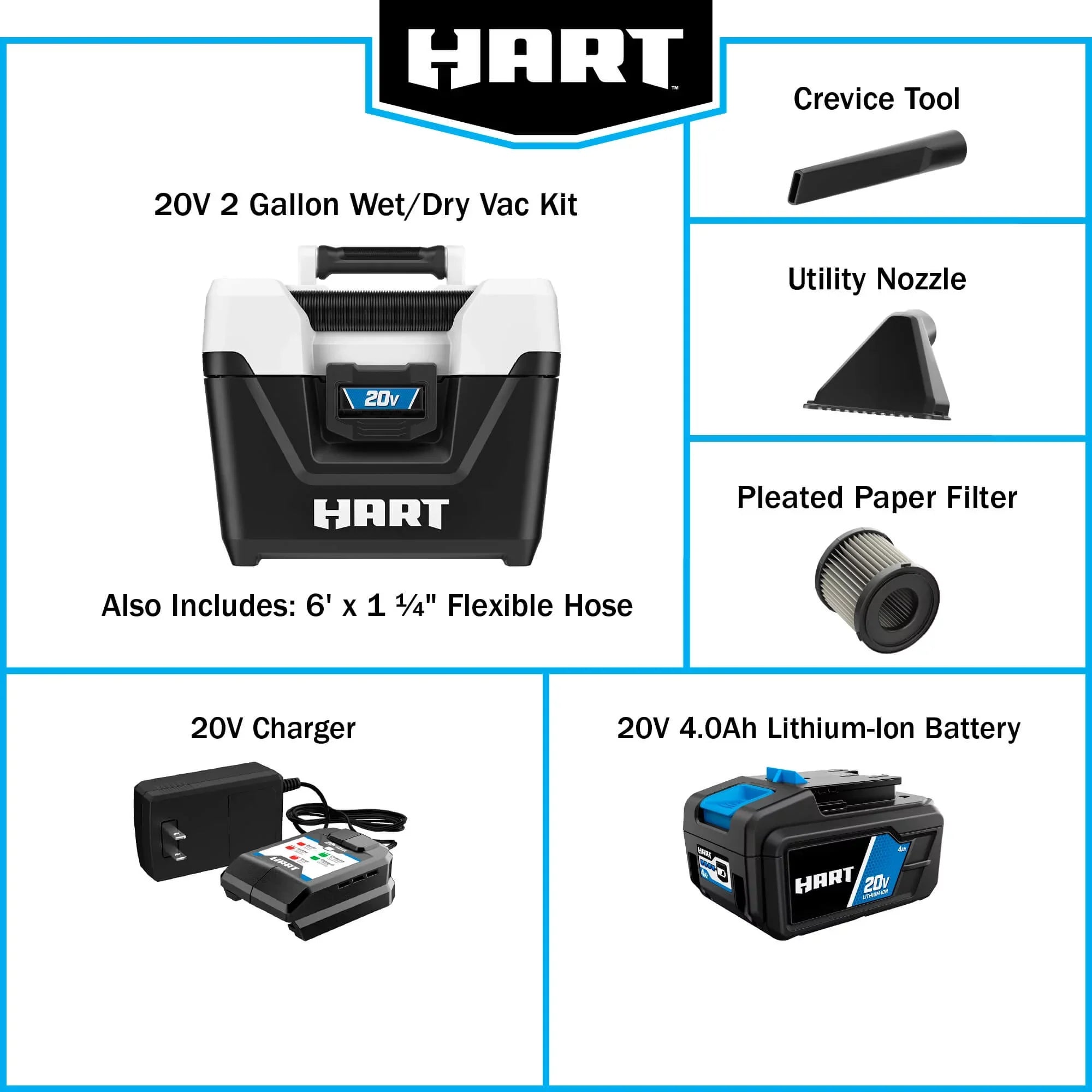 HART 20-Volt Cordless 2-Gallon Wet/Dry Vacuum Kit (1) 20-Volt 4.0Ah Lithium- Ion Battery
