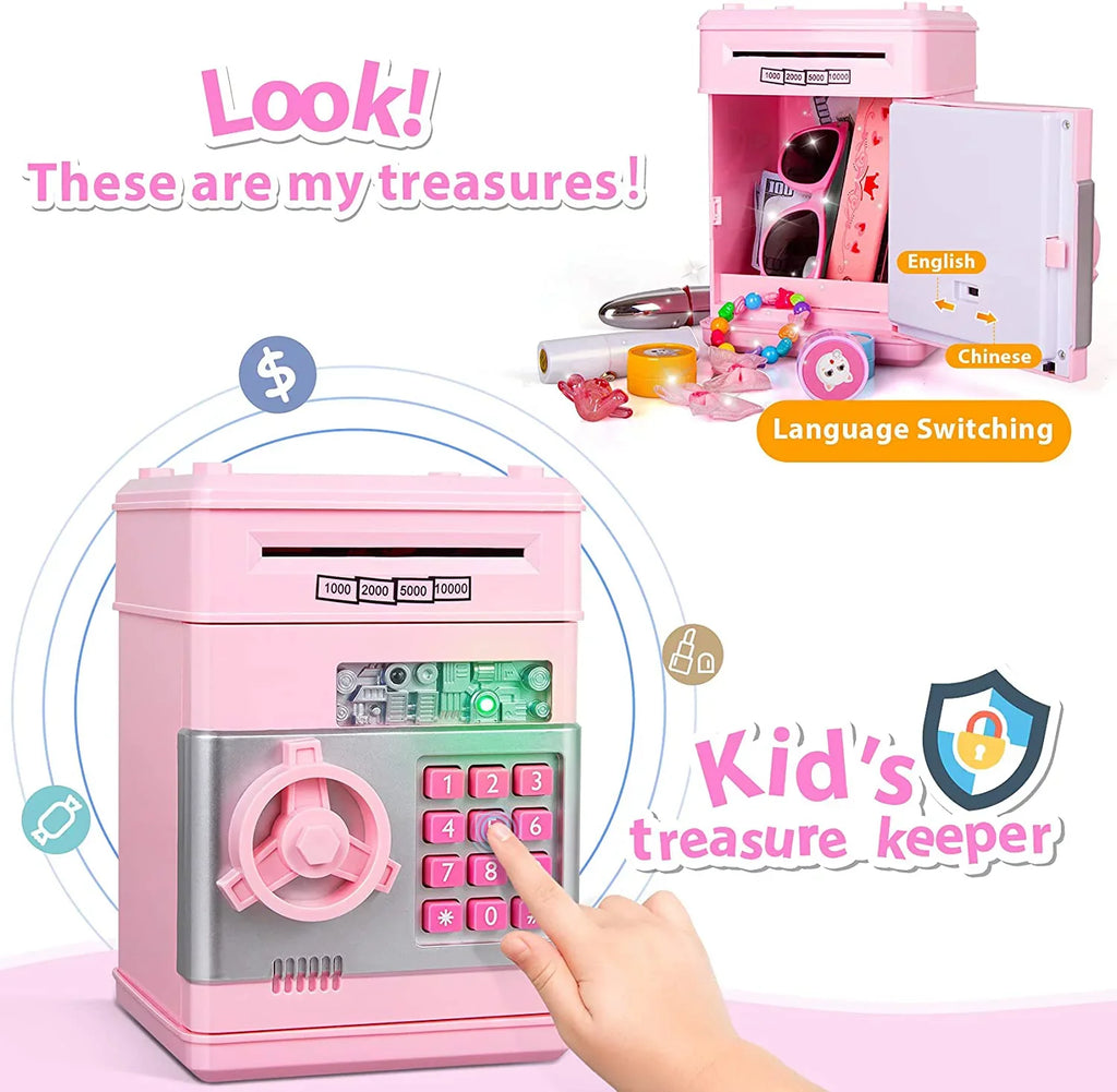 Mini ATM Savings Piggy Bank Toy Real Money Savings Kids Girls Boys Adult Electronic ATM Machine Coin Bank Money Saving Digital Password Cash Safe Box Gifts for Kids (Pink/Silver)