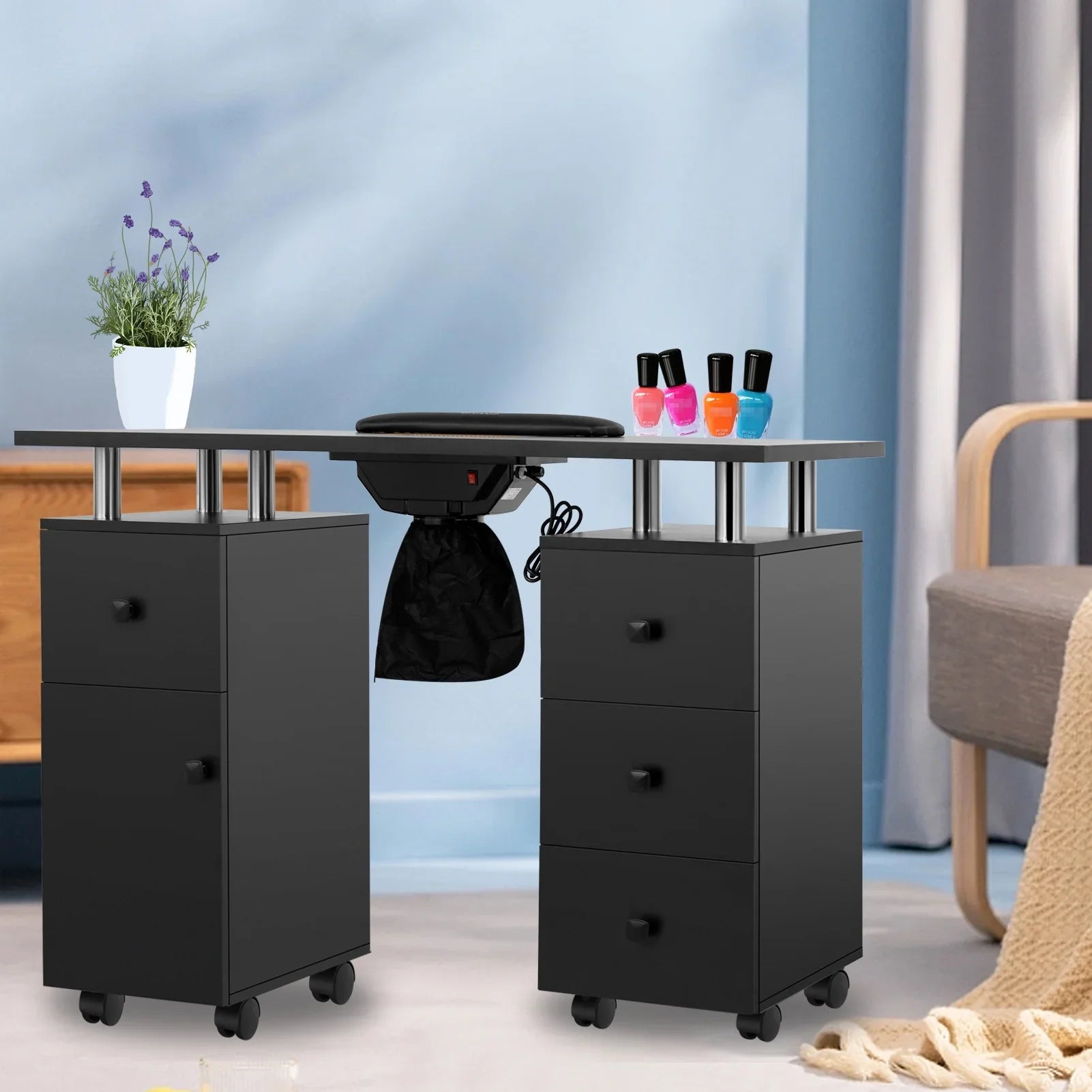 LUXMARS Manicure Table Nail Desk for Technician, Nail Table w/ Electric Dust Collector & Wrist Rest Cushion, Acetone Resistant Nail Table Station w/Lockable Wheels & Drawers & Cabinet - Midnight