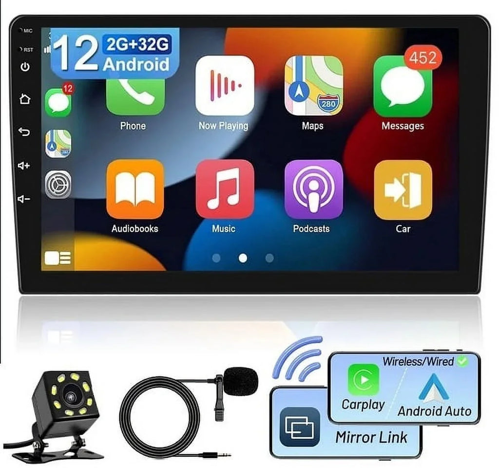 Android 2+32GB Car Stereo Wireless Carplay Android Auto Double Din Radio 9" 1280*720 IPS Screen WiFi GPS Navigation Bluetooth USB FM/RDS Receiver AHD Backup Camera