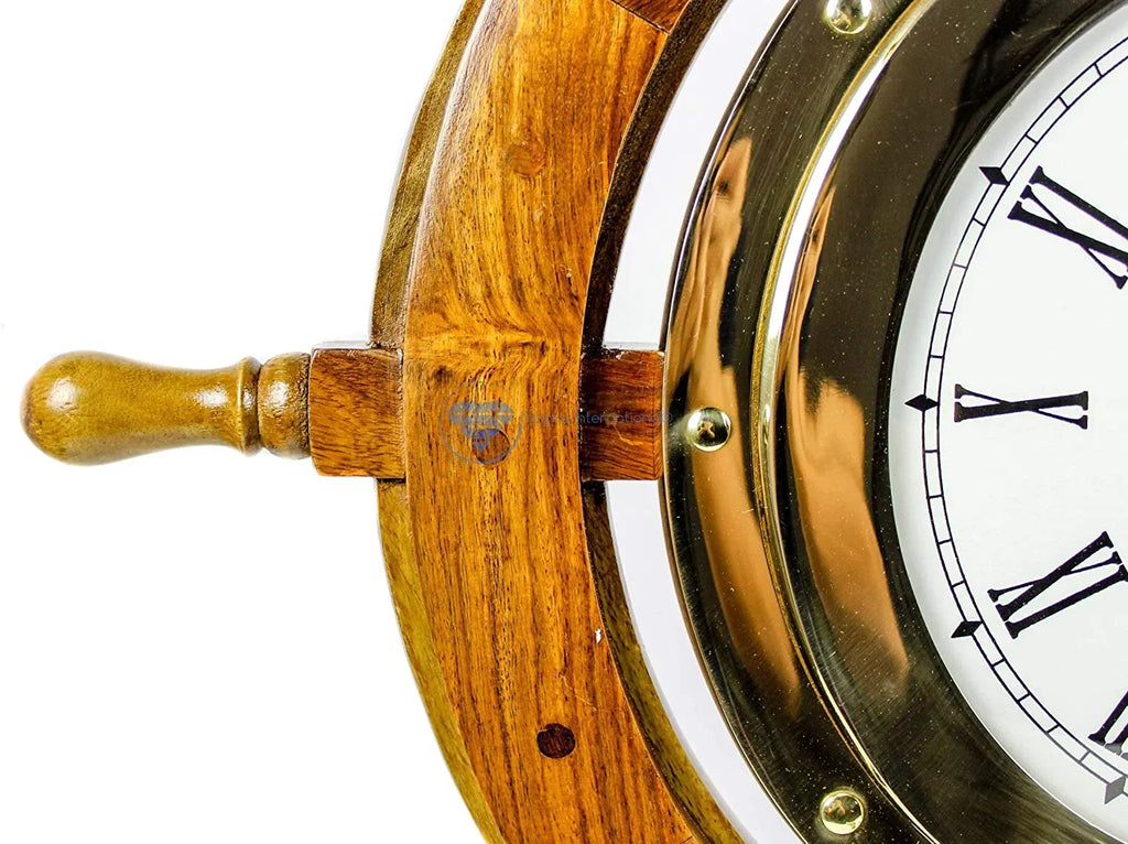 Nagina International Brass Nautical Full Porthole Tim'es Clock Ship Wheel | Pirate's Maritime Vintage Gift (18 Inches)