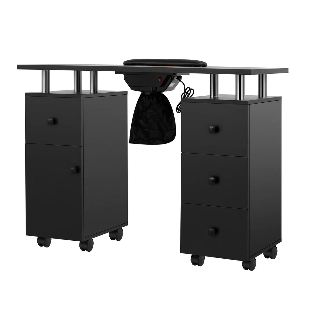 LUXMARS Manicure Table Nail Desk for Technician, Nail Table w/ Electric Dust Collector & Wrist Rest Cushion, Acetone Resistant Nail Table Station w/Lockable Wheels & Drawers & Cabinet - Midnight
