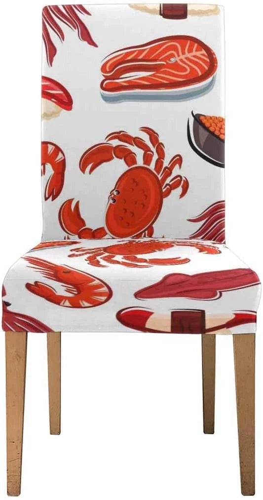 FMSHPON Salmon Steaks Shrimps Crabs Squids Sushi Stretch Chair Cover Protector Seat Slipcover for Dining Room Hotel Wedding Party Set of 4