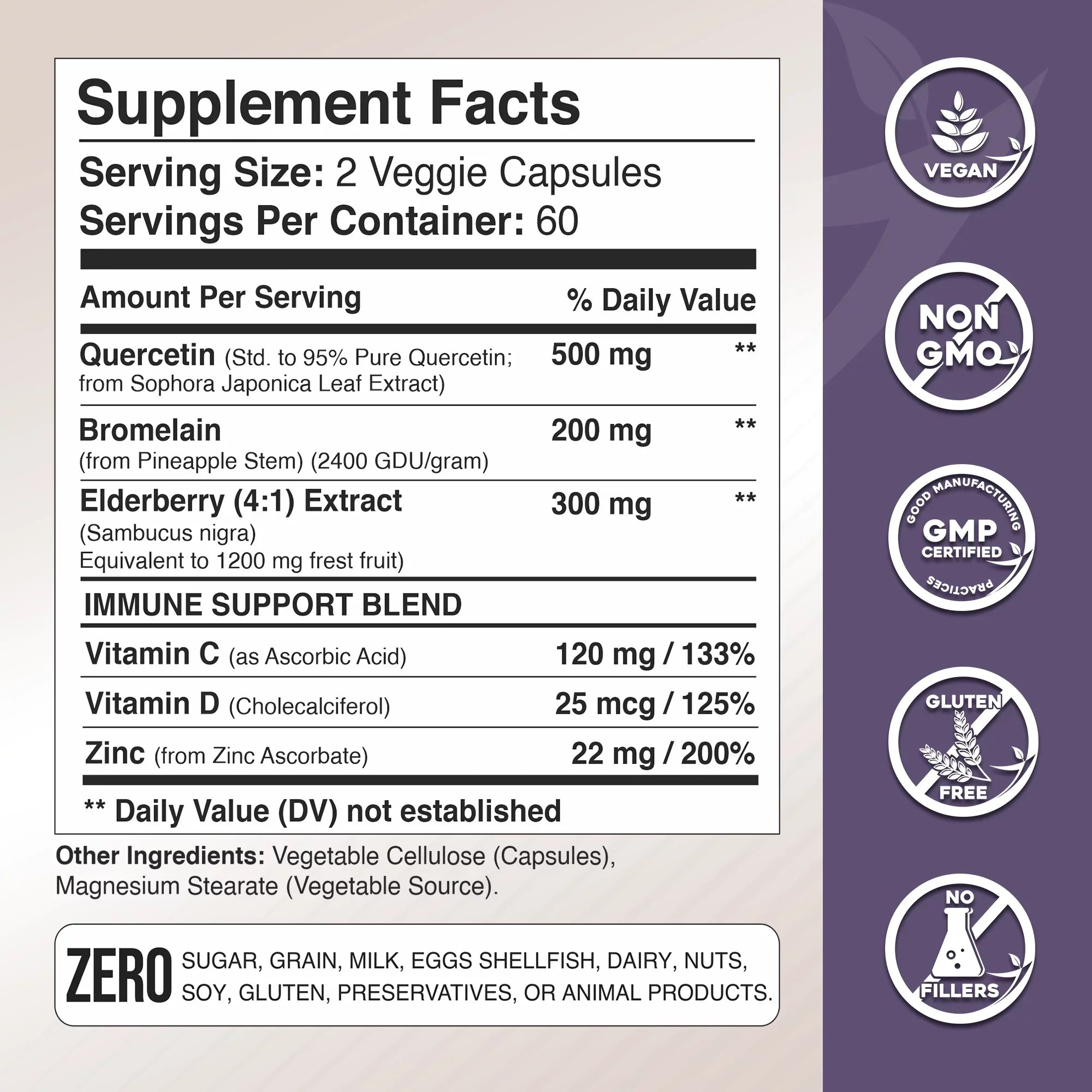 Quercetin with Vitamin C and Zinc - Elderberry - Quercetin 500mg - Quercetin with Bromelain - Zinc Quercetin - Vitamin D3 - 6 in 1 Daily Immune Support, Non-GMO, Gluten-Free - USA - 4 Months Supply