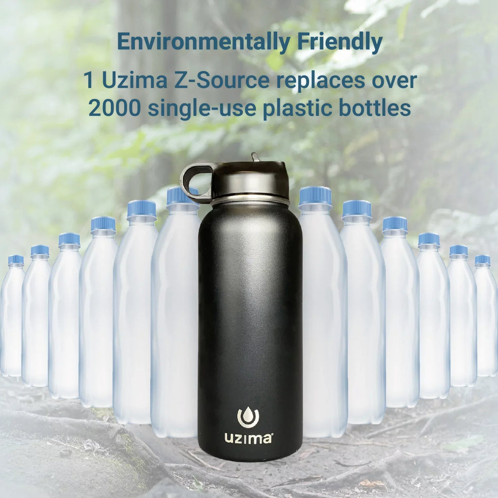 Uzima - Z-Source Filtered Water Bottle for Hiking, Backpacking, Camping, and Travel. Water Purification on the Go. Large 32oz Capacity with Double-Walled Stainless Steel Exterior. Midnight