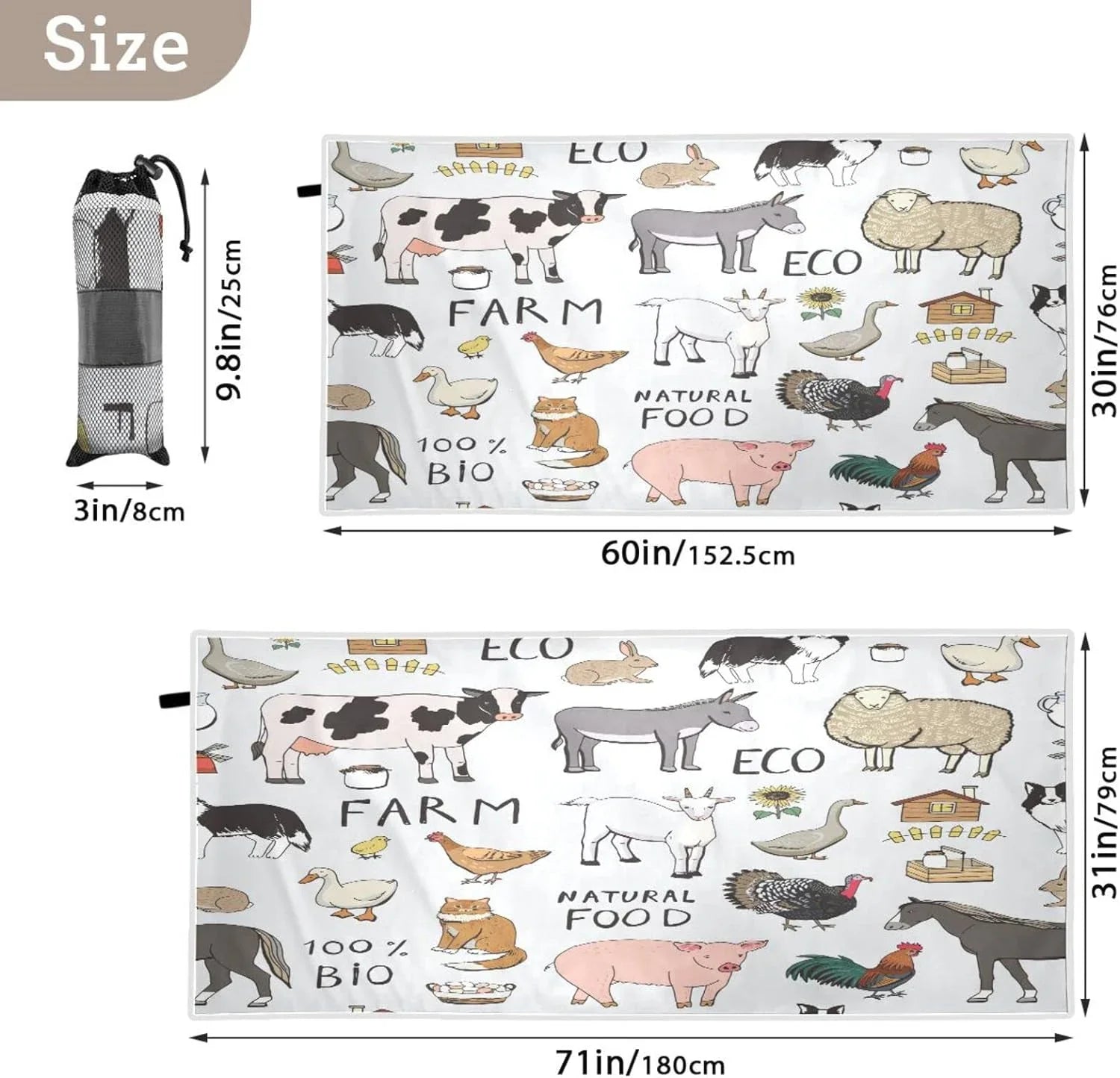 Bestwell Cool Farm Animals Beach Towel Oversized Towel Blanket, Thin Lightweight Microfiber Sand Free Quick Dry Towel, 31”X71” Multipurpose Pool Bath Yoga Swim Shower Towel