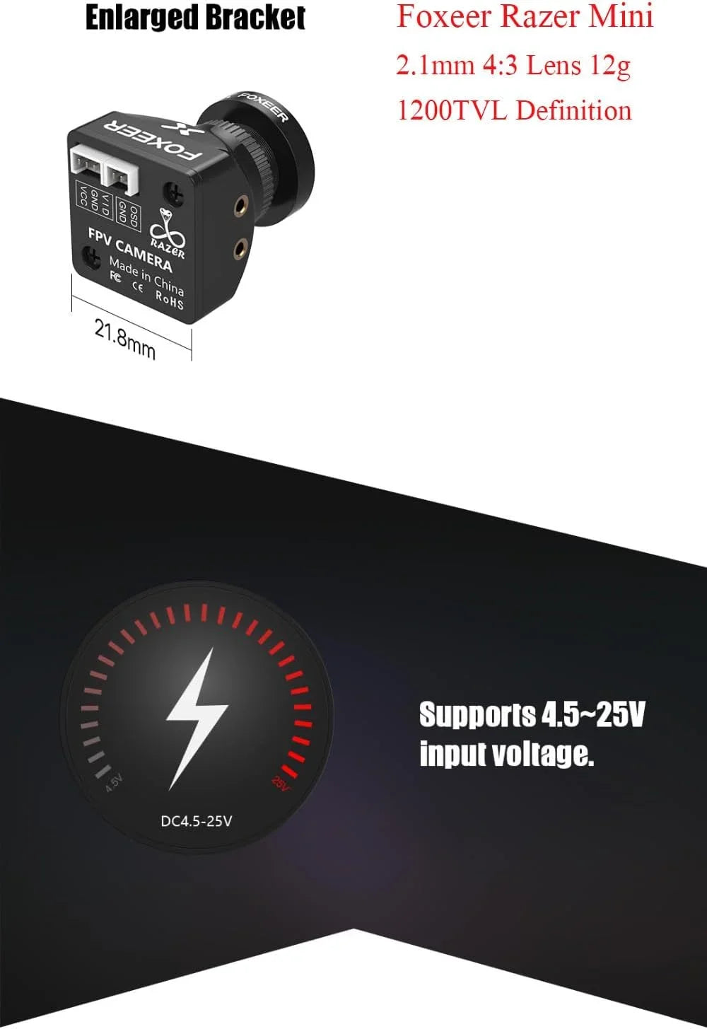 SoloGood FPV Camera Foxeer Razer Mini 2.1mm 4:3 Lens Natural Image 1200TVL Definition 125 Degree PAL NTSC Switchable