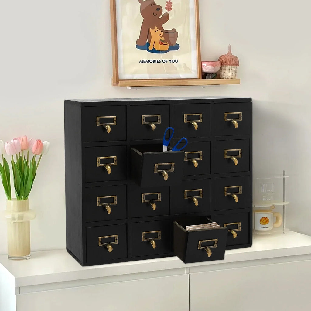16 Drawers Apothecary Cabinet Herb Storage Box, Wooden Desk Drawer Organizer New