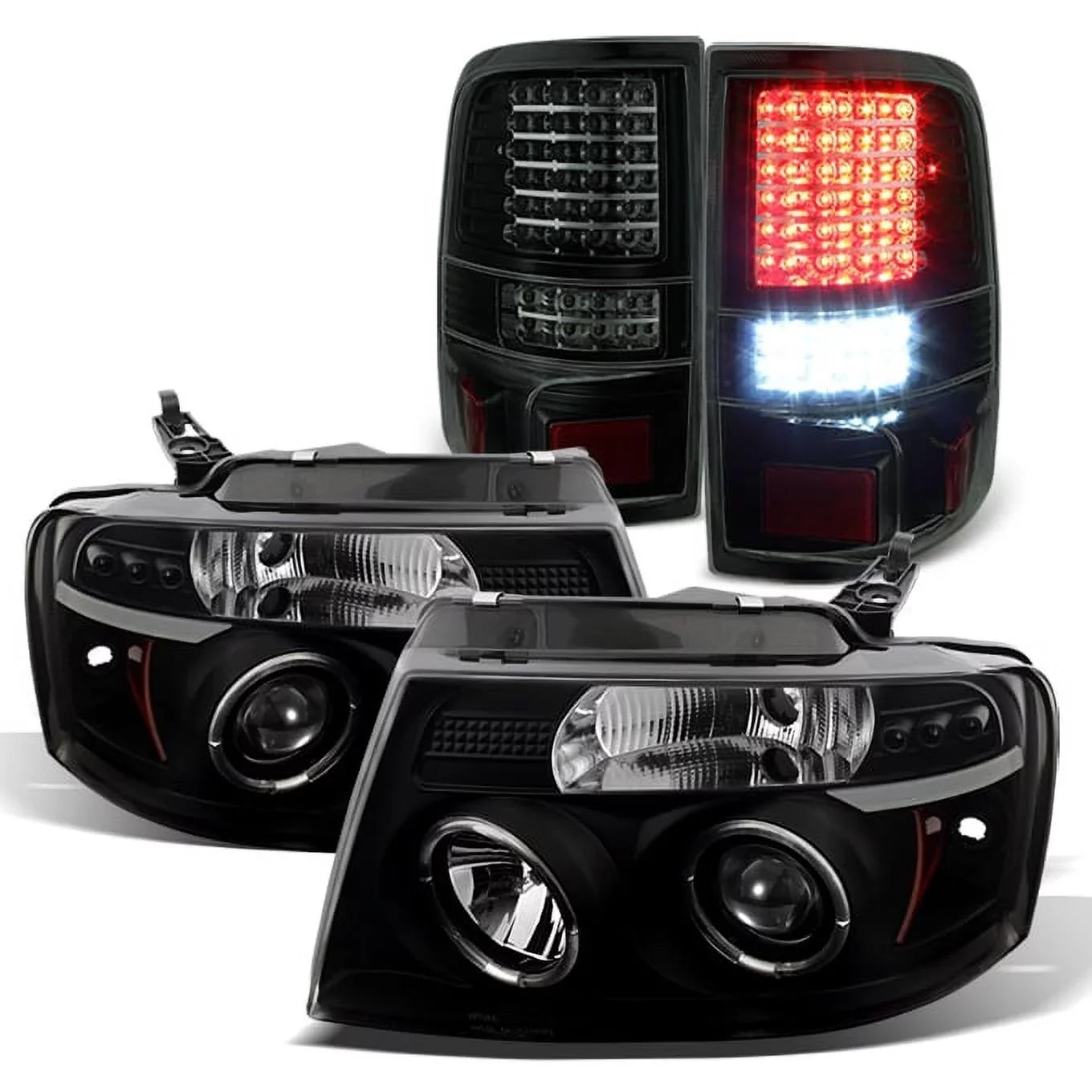 For 04-08 F150 Midnight Smoke Halo Projector LED Headlights + Full LED Taillights Fits select: 2004-2008 FORD F150