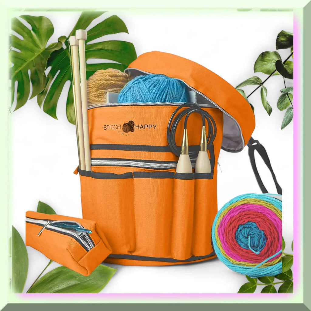 Orange Blossom Knit & Crochet Tote: 7 Pocket Yarn Bag, Craft Storage Solution