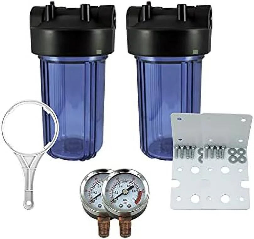 2 Pack 10" BB Clear Whole House System Filter Housing 1" NPT Brass Ports W/Pressure Release, 2 Pressure Gauges, Wrench 2 Brackets