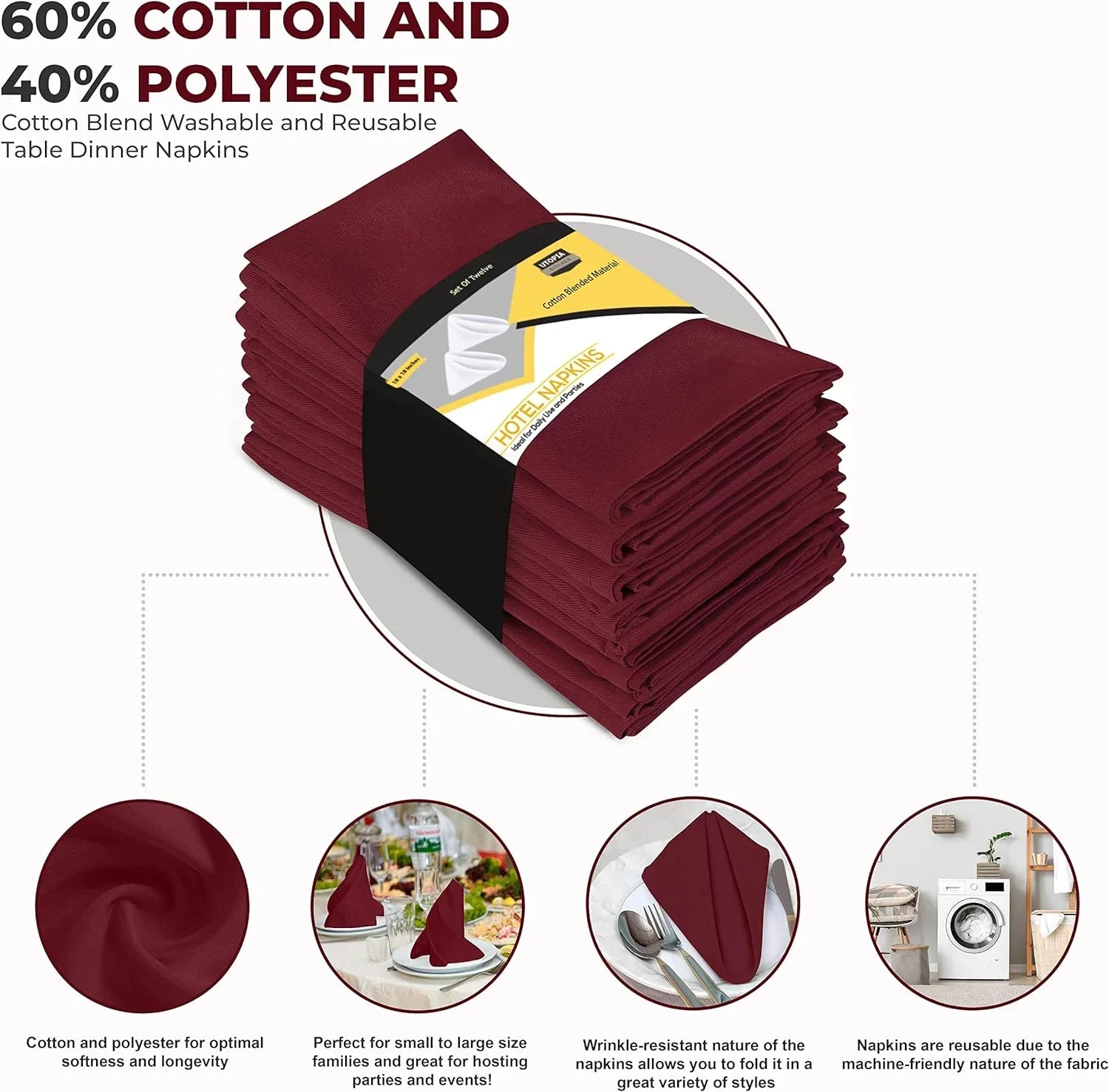 Utopia Kitchen Burgundy Cloth Napkins [12 Pack, 18x18 Inch] Cotton Final Point Washable and Reusable Table Dinner Napkins for Hotel, Lunch, Restaurant, Weddings, Event and Parties 18x18 Inch Burgundy